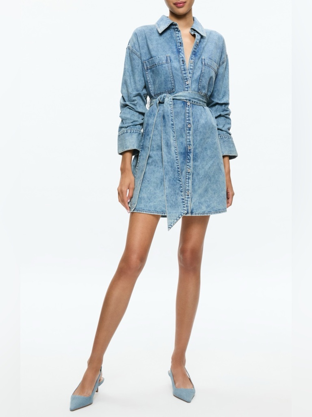 Alice + Olivia Brigita Ruched Sleeve Denim Mini Shirtdress